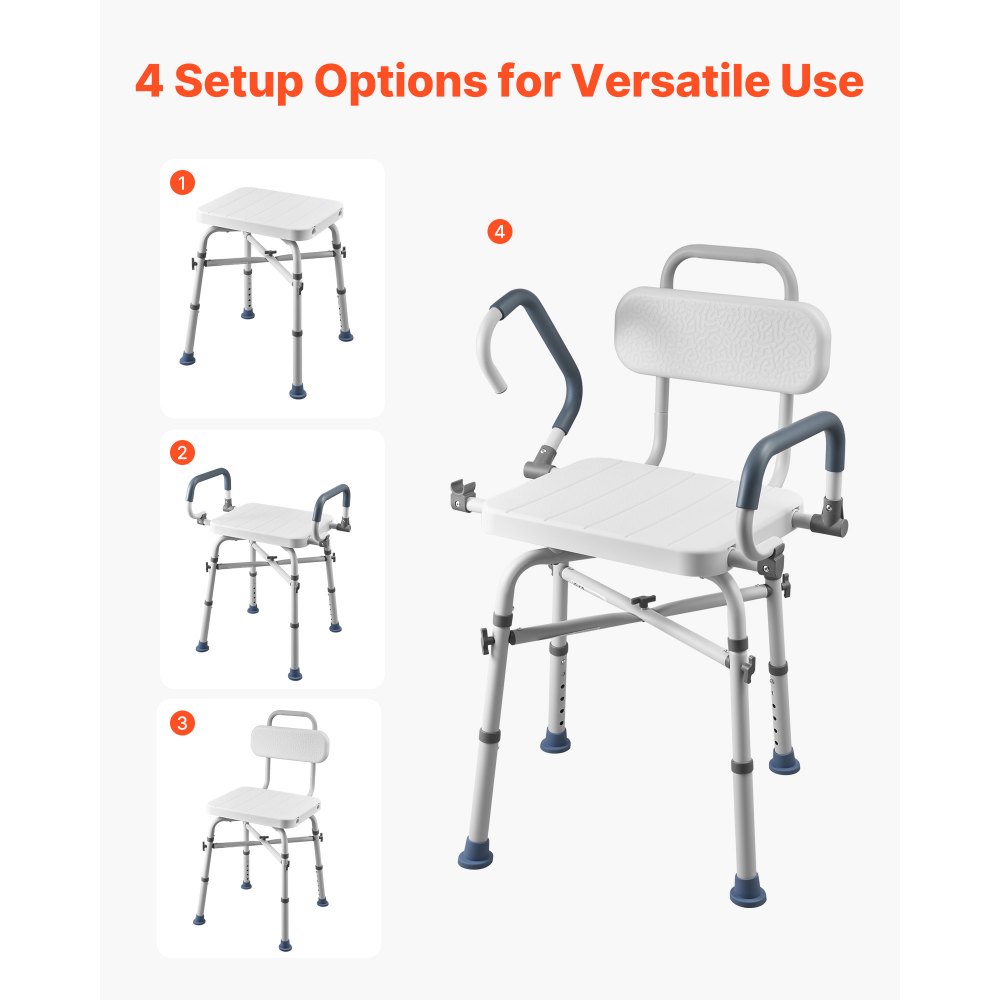 VEVOR Swivel Shower Chair with Arms and Back, 500 lbs Heavy Duty Bench Seat for Inside Shower Stall and Bathtub, Height Adjustable Bathroom Bath Tub Seat for Adults, Seniors, Elderly and Disabled