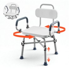 VEVOR Swivel Shower Chair with Arms and Back, 500 lbs Heavy Duty Bench Seat for Inside Shower Stall and Bathtub, Height Adjustable Bathroom Bath Tub Seat for Adults, Seniors, Elderly and Disabled
