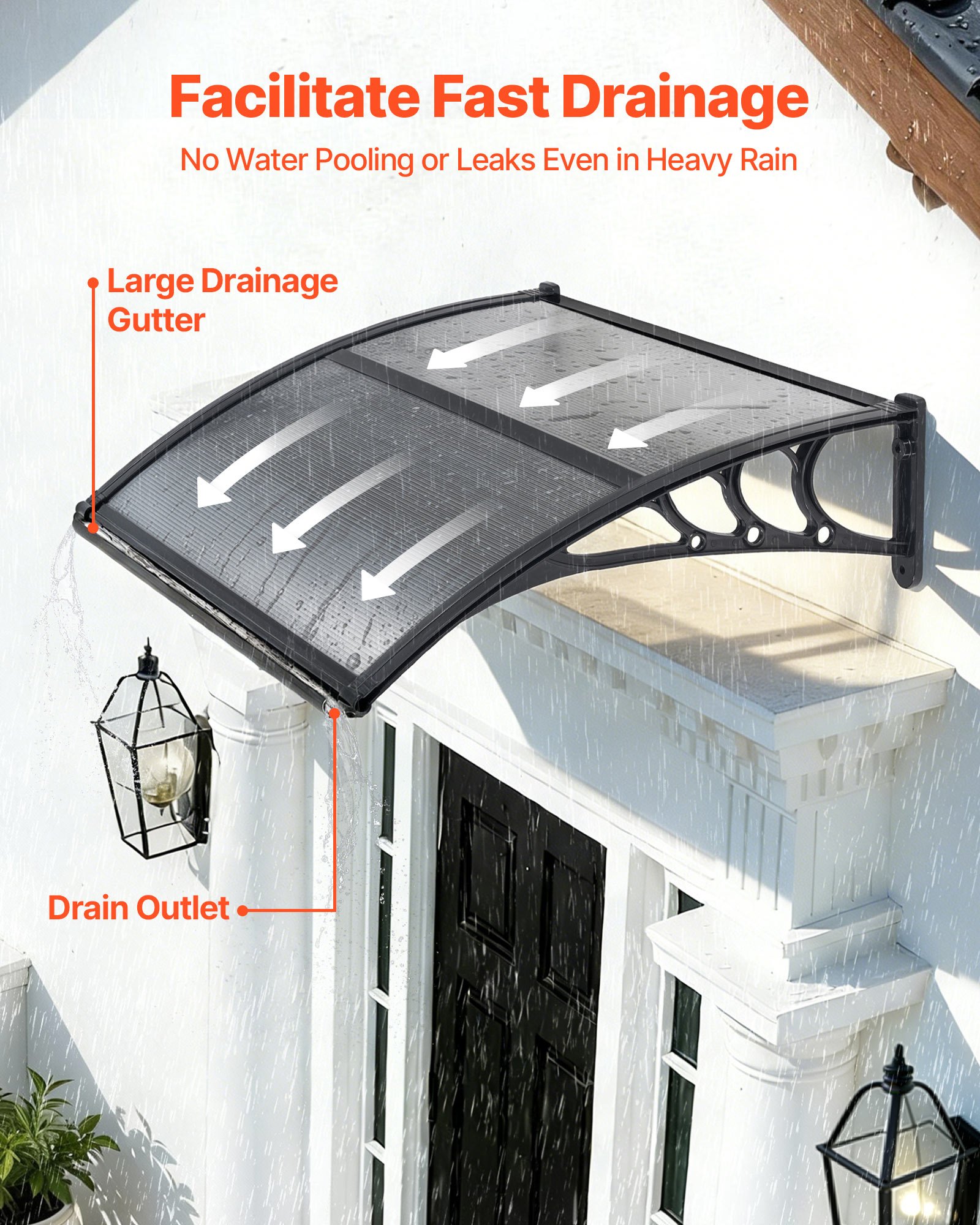 VEVOR Awnings for Door Entrance, 30 x 39 in, Exterior Front Door Window Awnings with Drainage & ABS Bracket, Rain Snow Sun Protection, Overhang Polycarbonate Door Canopy for Porch Patio, Smoky Gray