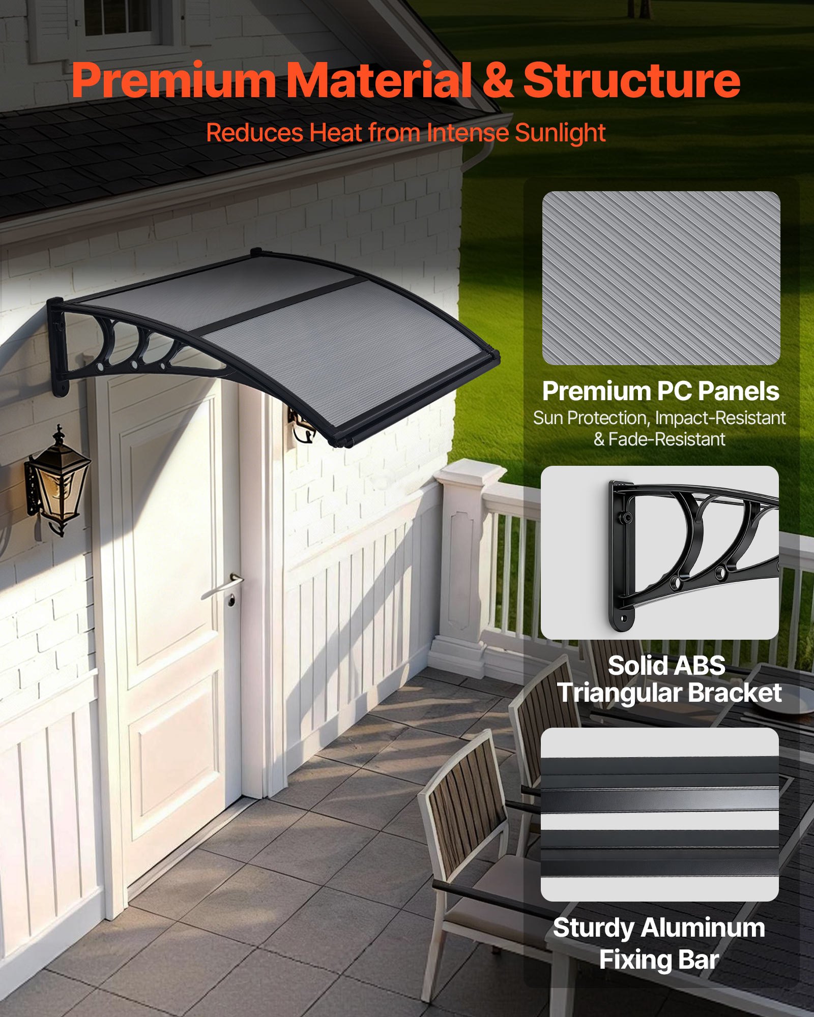 VEVOR Awnings for Door Entrance, 30 x 39 in, Exterior Front Door Window Awnings with Drainage & ABS Bracket, Rain Snow Sun Protection, Overhang Polycarbonate Door Canopy for Porch Patio, Smoky Gray