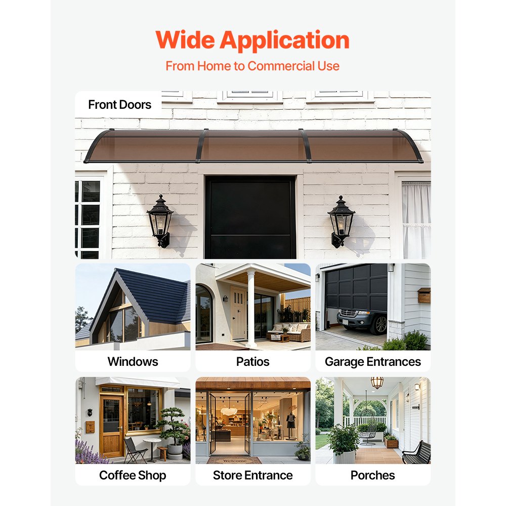VEVOR Awnings for Door Entrance, 38 x 117 in, Exterior Front Door Window Awnings with Drainage & ABS Bracket, Rain Snow Sun Protection, Overhang Polycarbonate Door Canopy for Porch Patio, Brown