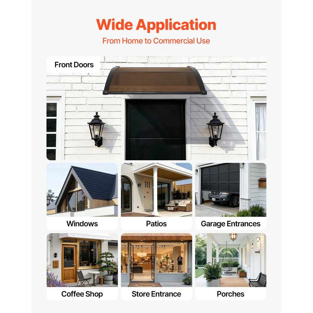 VEVOR Awnings for Door Entrance, 38 x 40 in, Exterior Front Door Window Awnings with Drainage & ABS Bracket, Rain Snow Sun Protection, Overhang Polycarbonate Door Canopy for Porch Patio, Brown