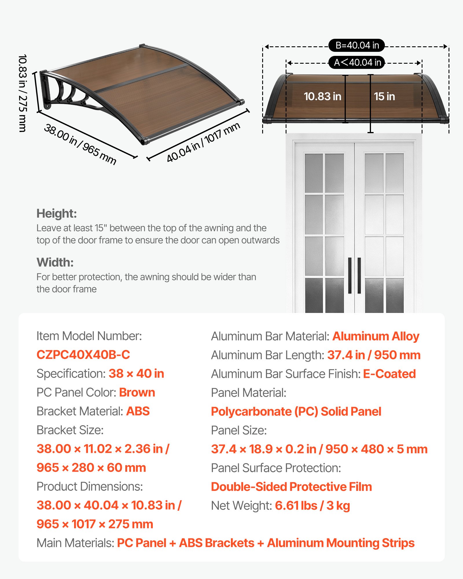 VEVOR Awnings for Door Entrance, 38 x 40 in, Exterior Front Door Window Awnings with Drainage & ABS Bracket, Rain Snow Sun Protection, Overhang Polycarbonate Door Canopy for Porch Patio, Brown