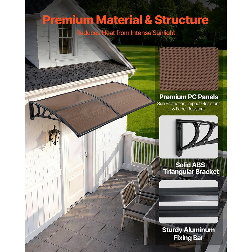 VEVOR Awnings for Door Entrance, 38 x 78 in, Exterior Front Door Window Awnings with Drainage & Metal Bracket, Rain Snow Sun Protection, Overhang Polycarbonate Door Canopy for Porch Patio, Brown