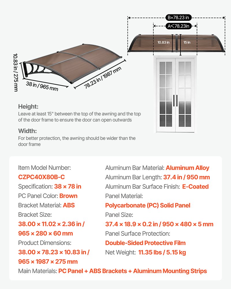 VEVOR Awnings for Door Entrance, 38 x 78 in, Exterior Front Door Window Awnings with Drainage & Metal Bracket, Rain Snow Sun Protection, Overhang Polycarbonate Door Canopy for Porch Patio, Brown