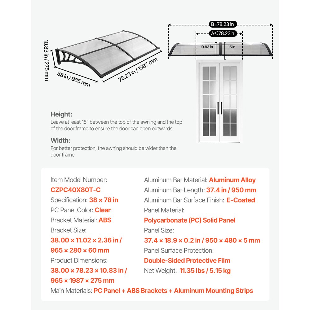 VEVOR Awnings for Door Entrance, 38 x 78 in, Exterior Front Door Window Awnings with Drainage & ABS Bracket, Rain Snow Sun Protection, Overhang Polycarbonate Door Canopy for Porch Patio, Clear