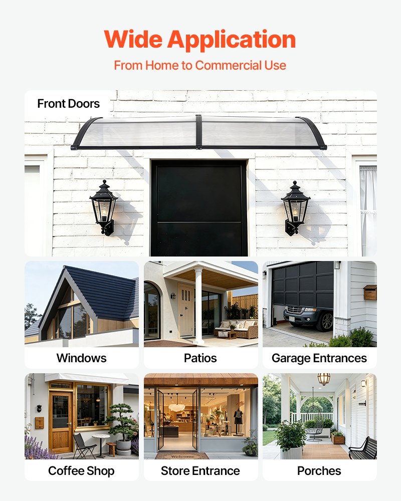 VEVOR Awnings for Door Entrance, 38 x 78 in, Exterior Front Door Window Awnings with Drainage & ABS Bracket, Rain Snow Sun Protection, Overhang Polycarbonate Door Canopy for Porch Patio, Clear