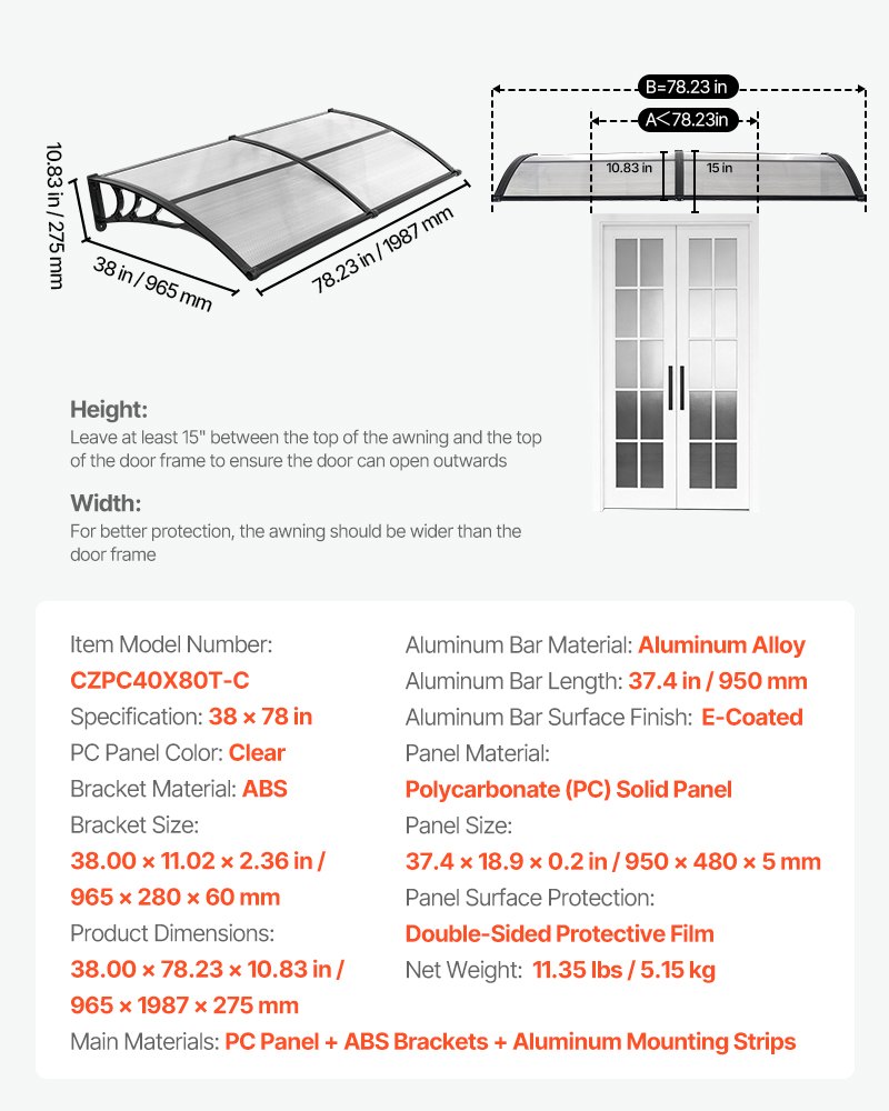 VEVOR Awnings for Door Entrance, 38 x 78 in, Exterior Front Door Window Awnings with Drainage & ABS Bracket, Rain Snow Sun Protection, Overhang Polycarbonate Door Canopy for Porch Patio, Clear