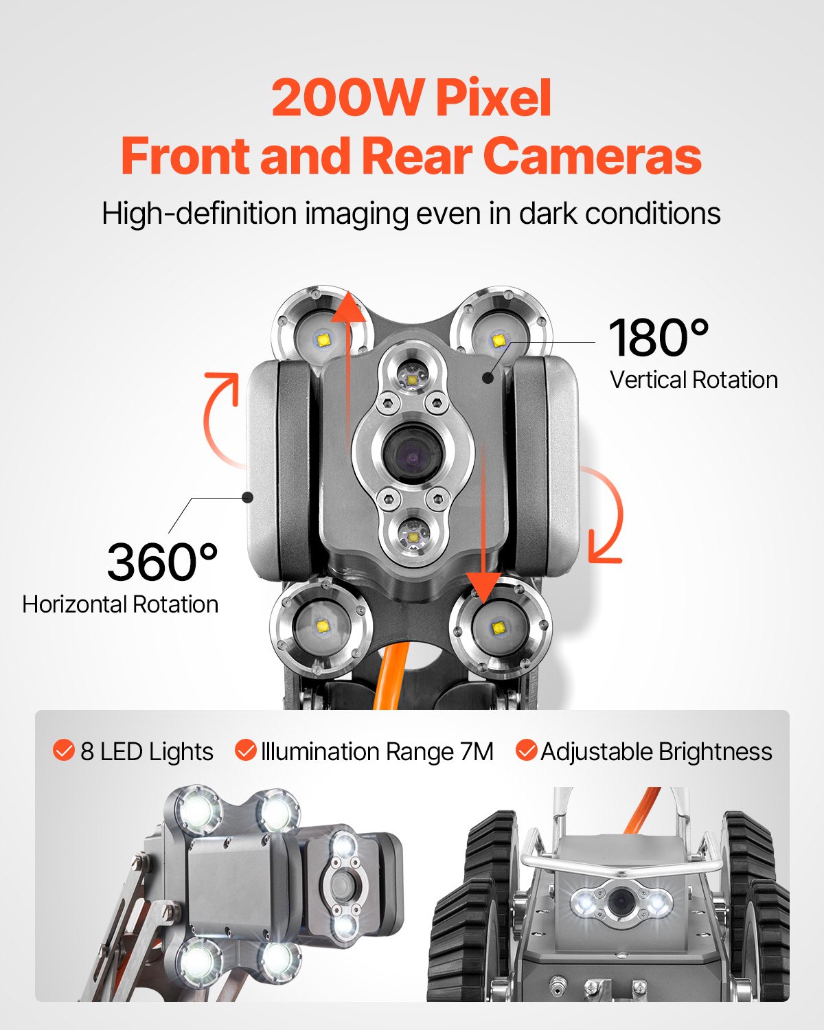 VEVOR Sewer Pipe Inspection Robot, 197FT Pipeline Detection Crawling Robot with 2MP Front/Rear Cameras & Touchscreen Tablet, IP68 Plumbing Camera with Lights & Distance Counter for Industrial Pipes