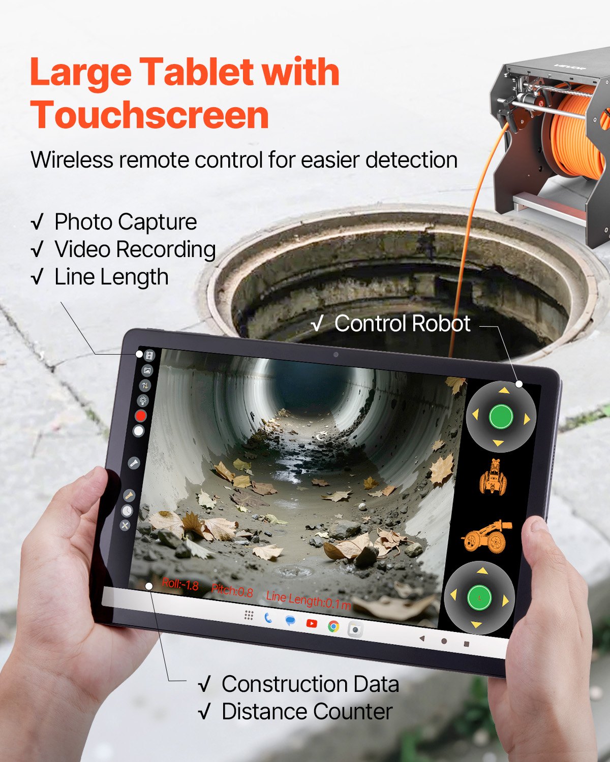 VEVOR Sewer Pipe Inspection Robot, 197FT Pipeline Detection Crawling Robot with 2MP Front/Rear Cameras & Touchscreen Tablet, IP68 Plumbing Camera with Lights & Distance Counter for Industrial Pipes
