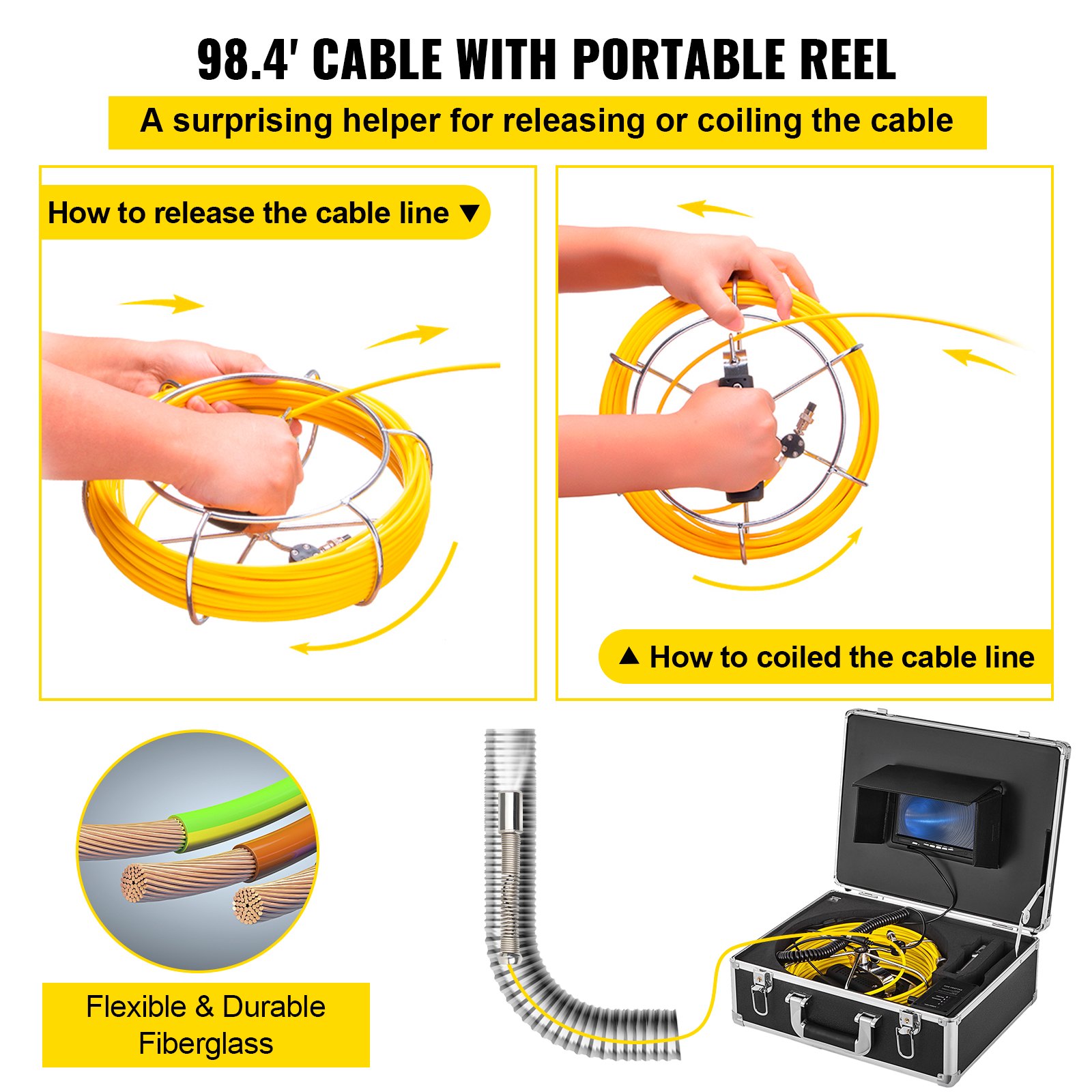 VEVOR Sewer Camera, Pipe Inspection Camera 30M, Sewer Inspection Video Camera 7” Monitor Pipeline Inspection Camera Drain Camera Industrial Endoscope HD DVR Recorder with 8GB Card