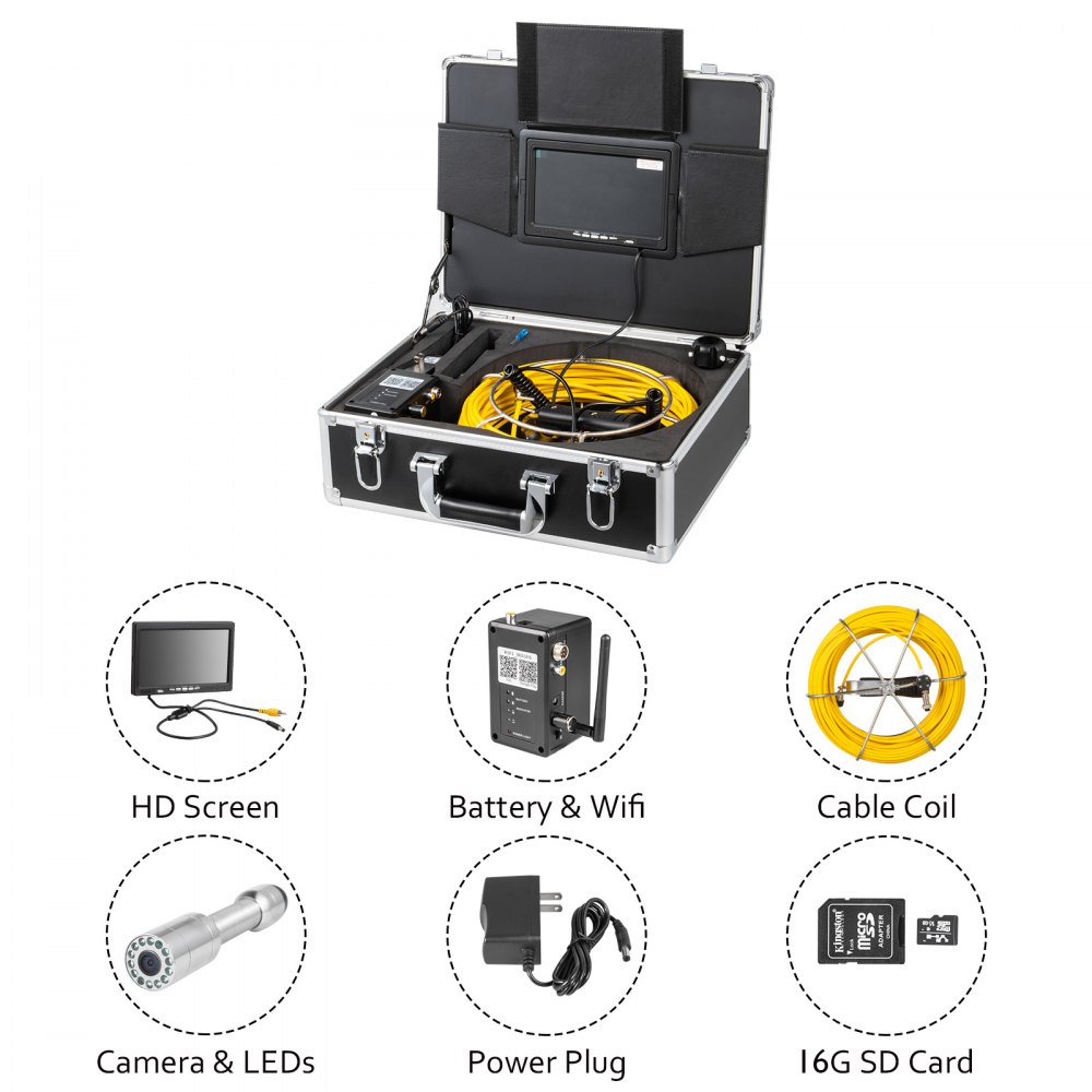 VEVOR 30M WiFi Sewer Camera 7 Inch IP68 Waterproof Pipe Camera 1000 TVL Camera 23MM Pipe Inspection Camera with12 pcs LED Lights