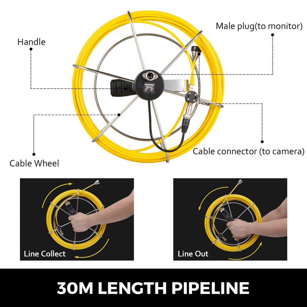 30m Pipe Inspection Camera Cable Inspection Wire Drain Pipe Sewer W/handle