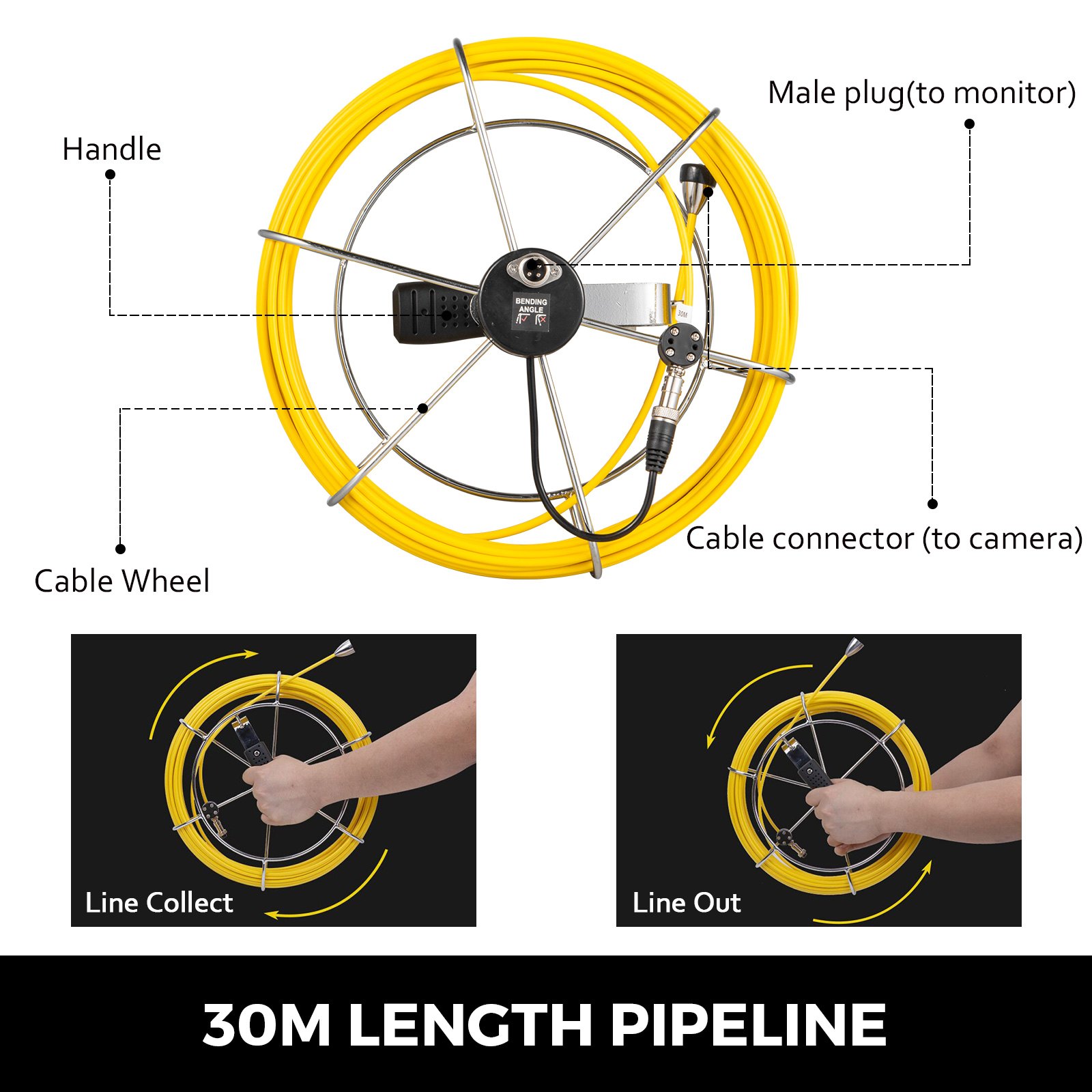 30m Pipe Inspection Camera Cable Inspection Wire Drain Pipe Sewer W/handle