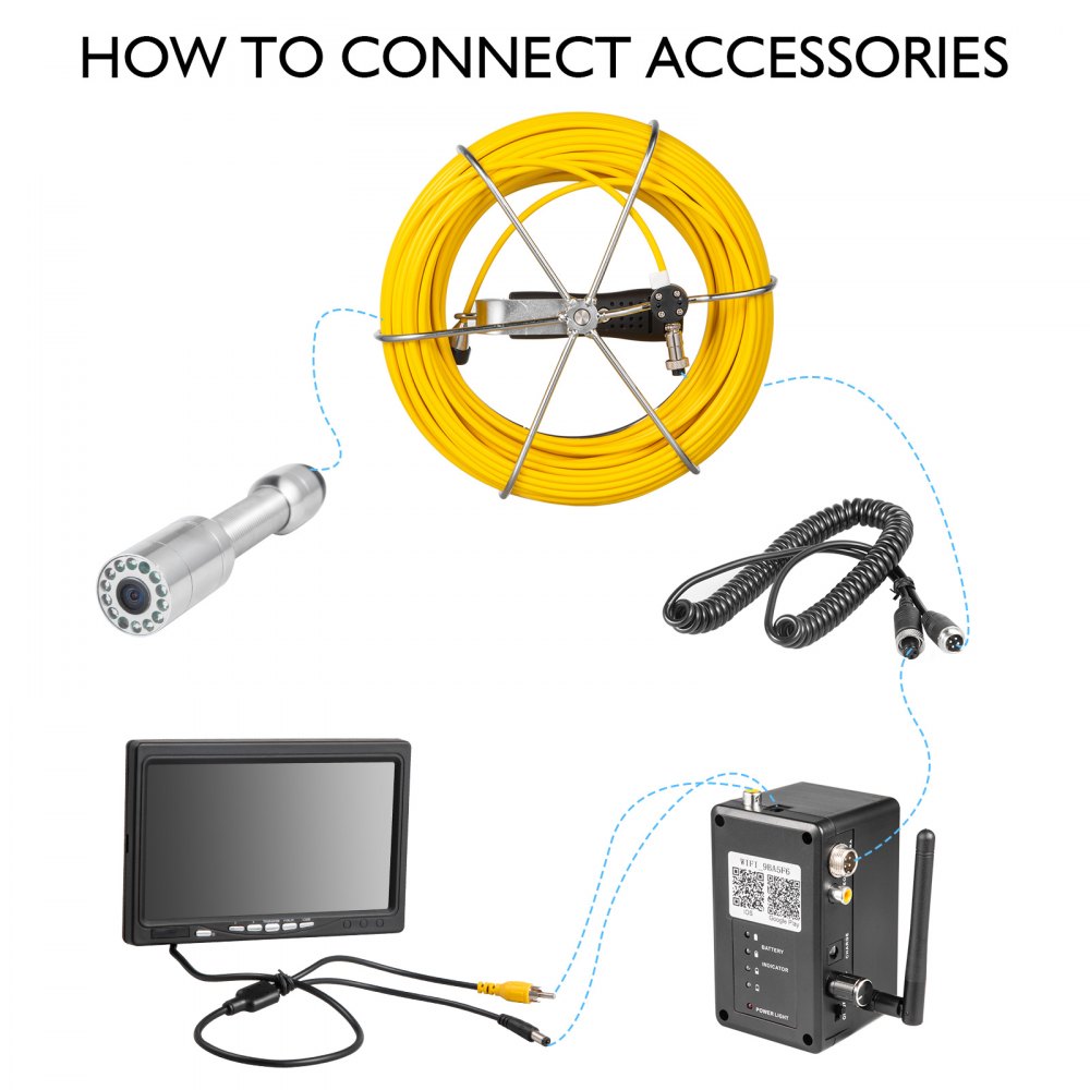 VEVOR 50M 9 Inch WiFi 23mm Pipe Inspection Camera 1000 TVL and 12 LED Lights Pipe Pipeline Inspection Camera with APP Taking Pictures Video Recording