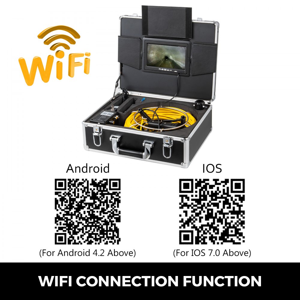 VEVOR 50M 9 Inch WiFi 23mm Pipe Inspection Camera 1000 TVL and 12 LED Lights Pipe Pipeline Inspection Camera with APP Taking Pictures Video Recording