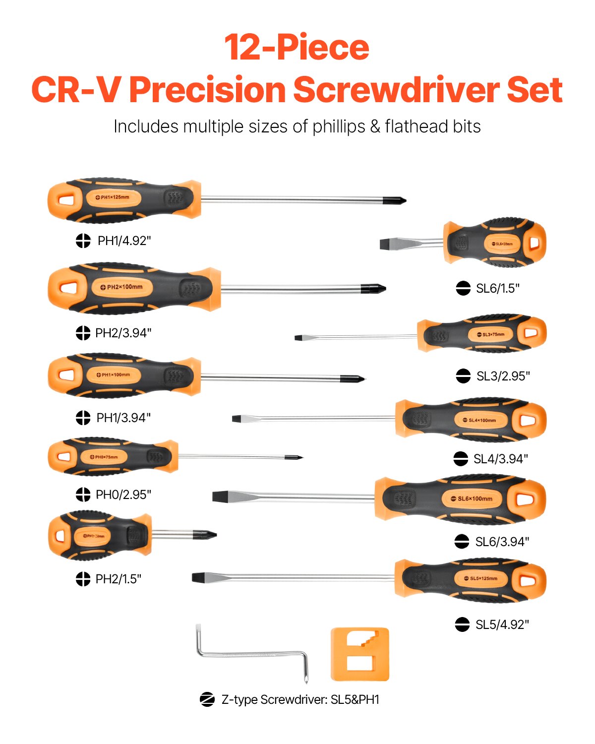 VEVOR Screwdriver Set, 12-Piece Hand Tools Set with Magnetic Tips, Includes 5 Phillips and 5 Flat Head Bits, Z-Type Bit, Professional Repair Tool Kit for Sockets, Furniture, Home Appliances, Bicycles
