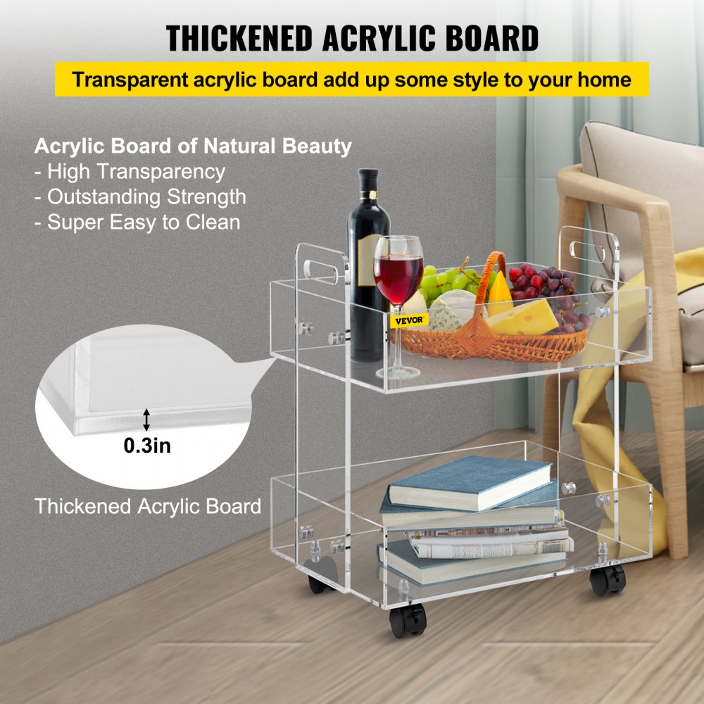VEVOR acrylic cart with clear shelves, wine bottle, glass, fruit basket, and books on thickened acrylic board.