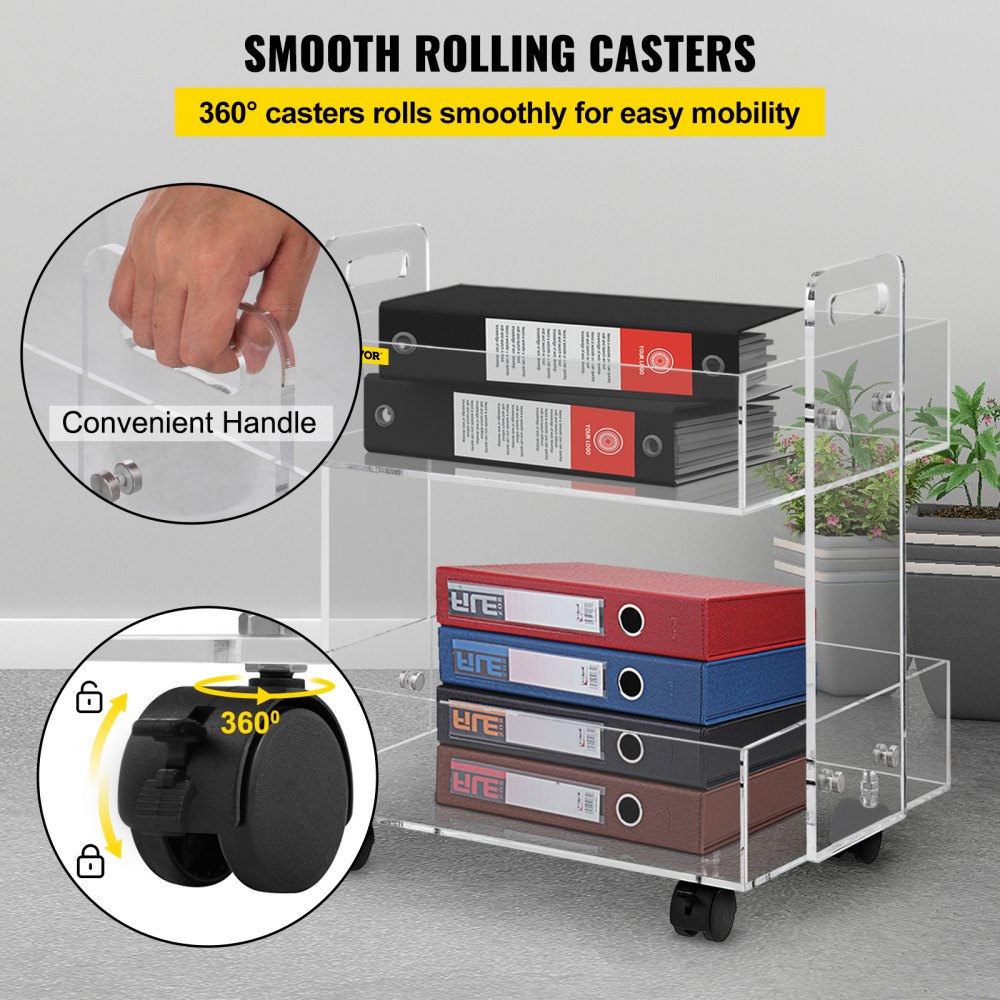 VEVOR acrylic cart with smooth rolling casters, convenient handle, and two tiers of binder storage.