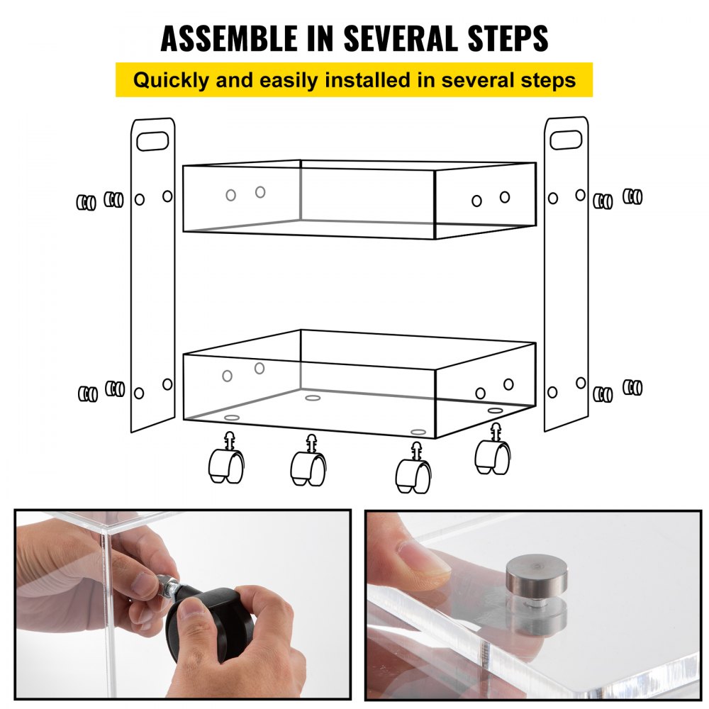 assembling VEVOR acrylic cart is quick and easy with illustrated steps and close-ups of parts.