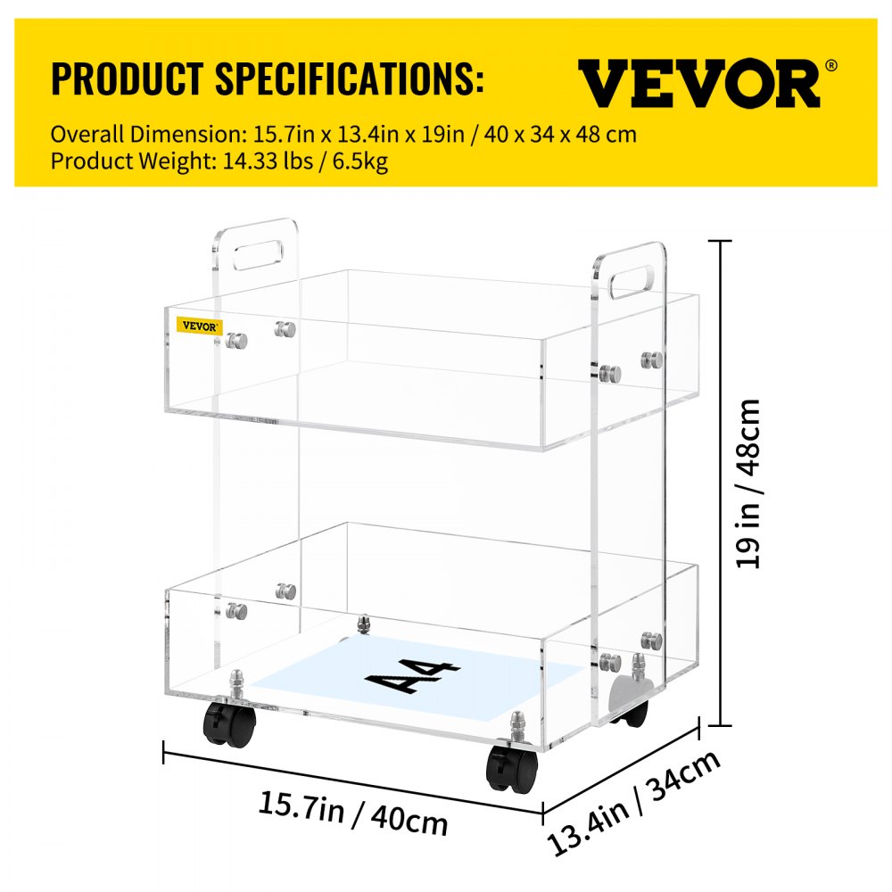 two-tiered VEVOR acrylic cart with dimensions and a4 paper for size reference.