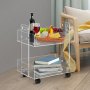 VEVOR acrylic cart with wine bottle, fruit basket, and books in modern living room setup.