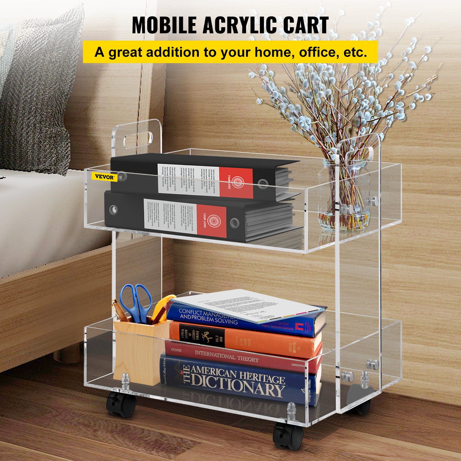 VEVOR acrylic cart with books, files, and vase, perfect for home or office use, on hardwood floor.