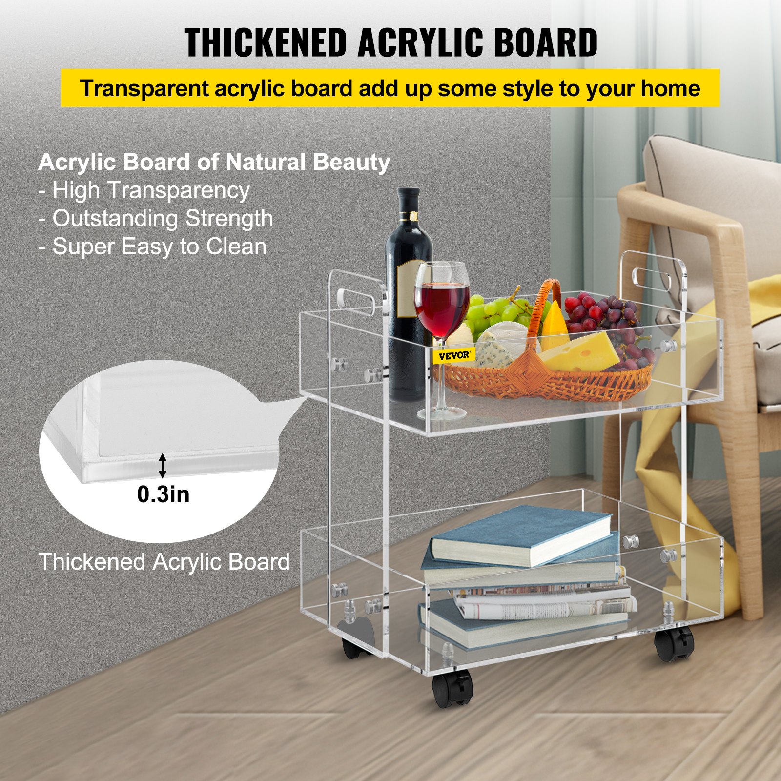 VEVOR acrylic cart with clear shelves, wine bottle, glass, fruit basket, and books on thickened acrylic board.