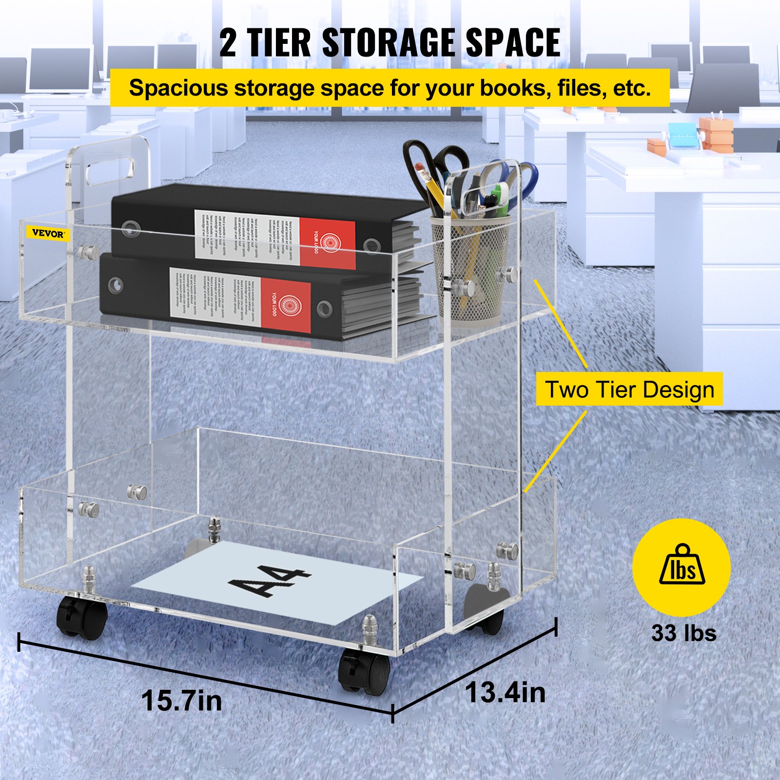 VEVOR acrylic cart with 2-tier storage space, holding binders and stationery, dimensions 15.7in x 13.4in.