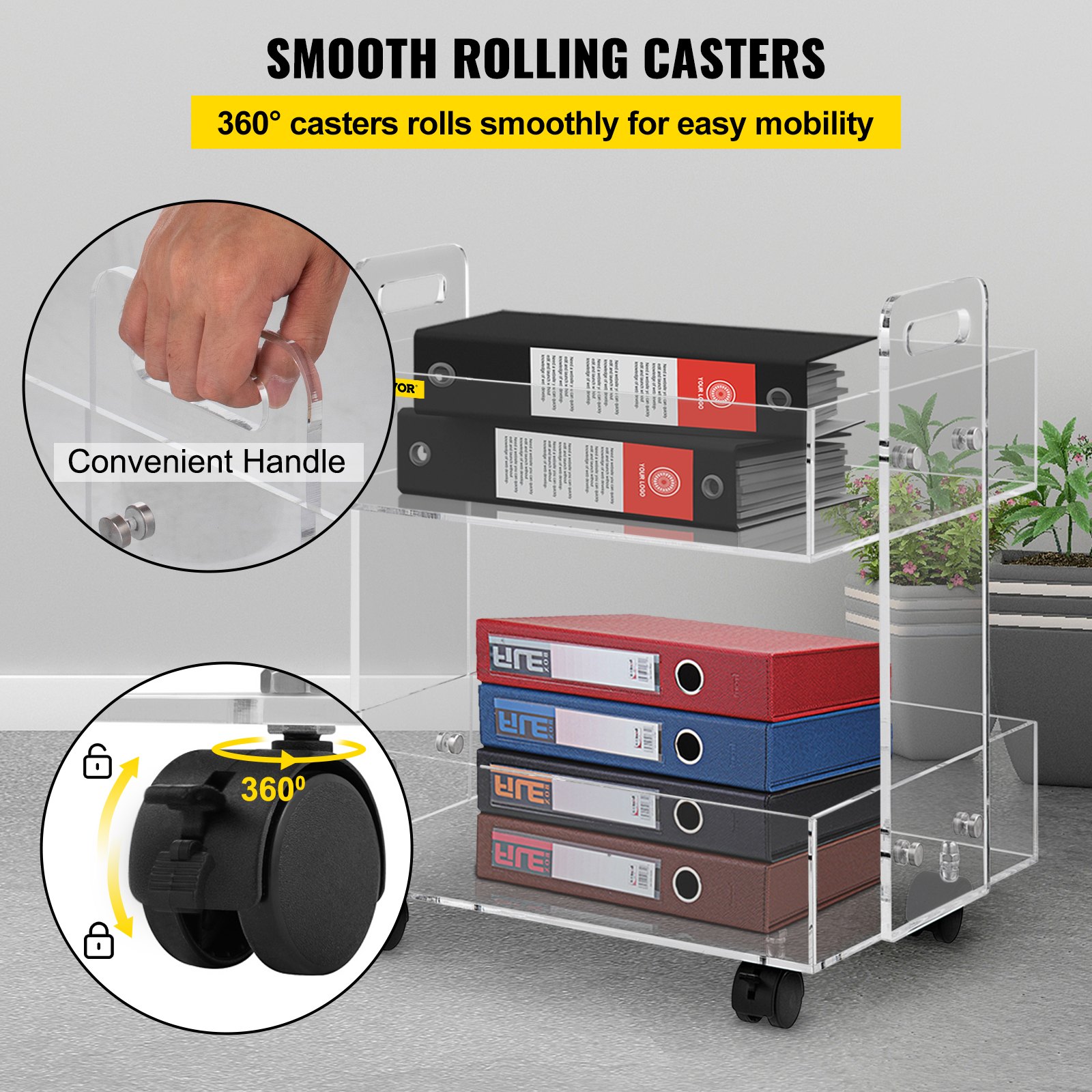 VEVOR acrylic cart with smooth rolling casters, convenient handle, and two tiers of binder storage.