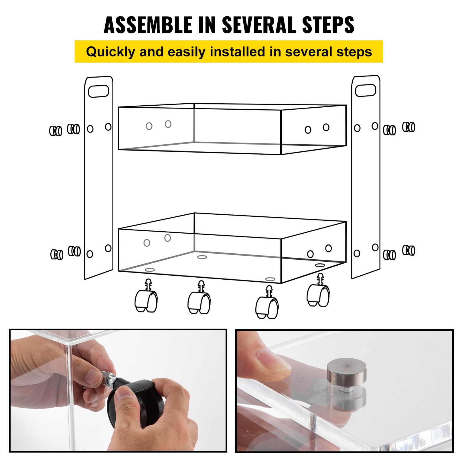 assembling VEVOR acrylic cart is quick and easy with illustrated steps and close-ups of parts.