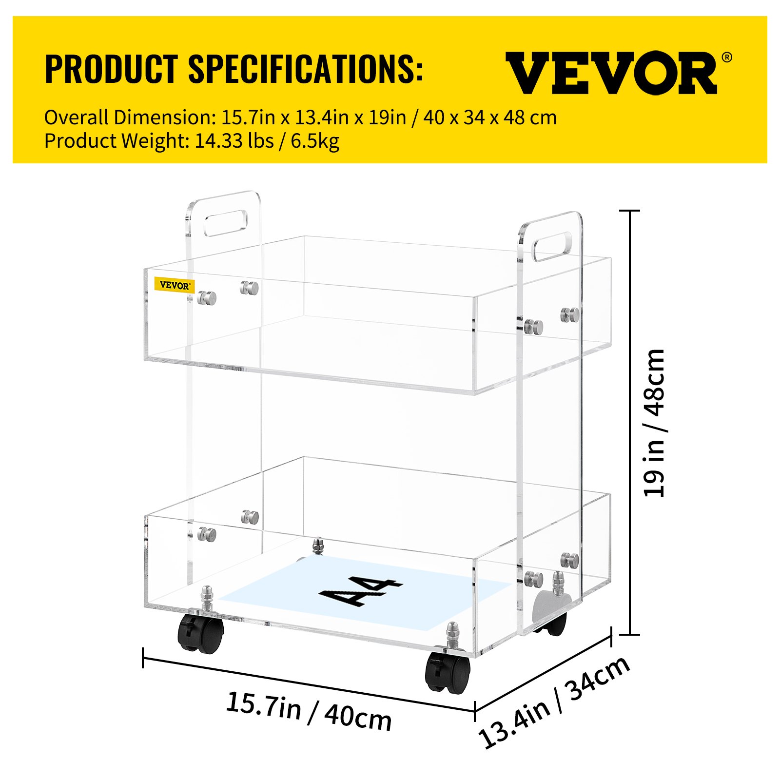 two-tiered VEVOR acrylic cart with dimensions and a4 paper for size reference.