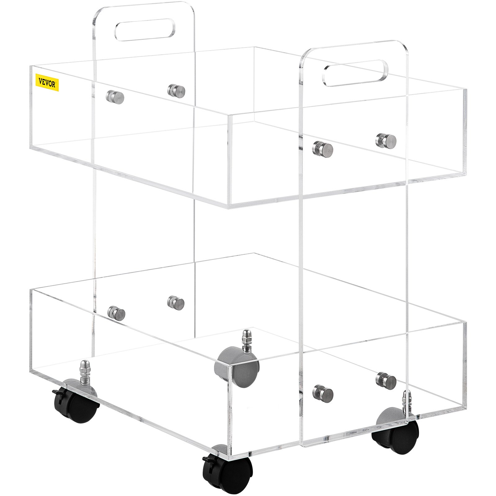 clear two-tier VEVOR acrylic cart with metal fasteners and black caster wheels.