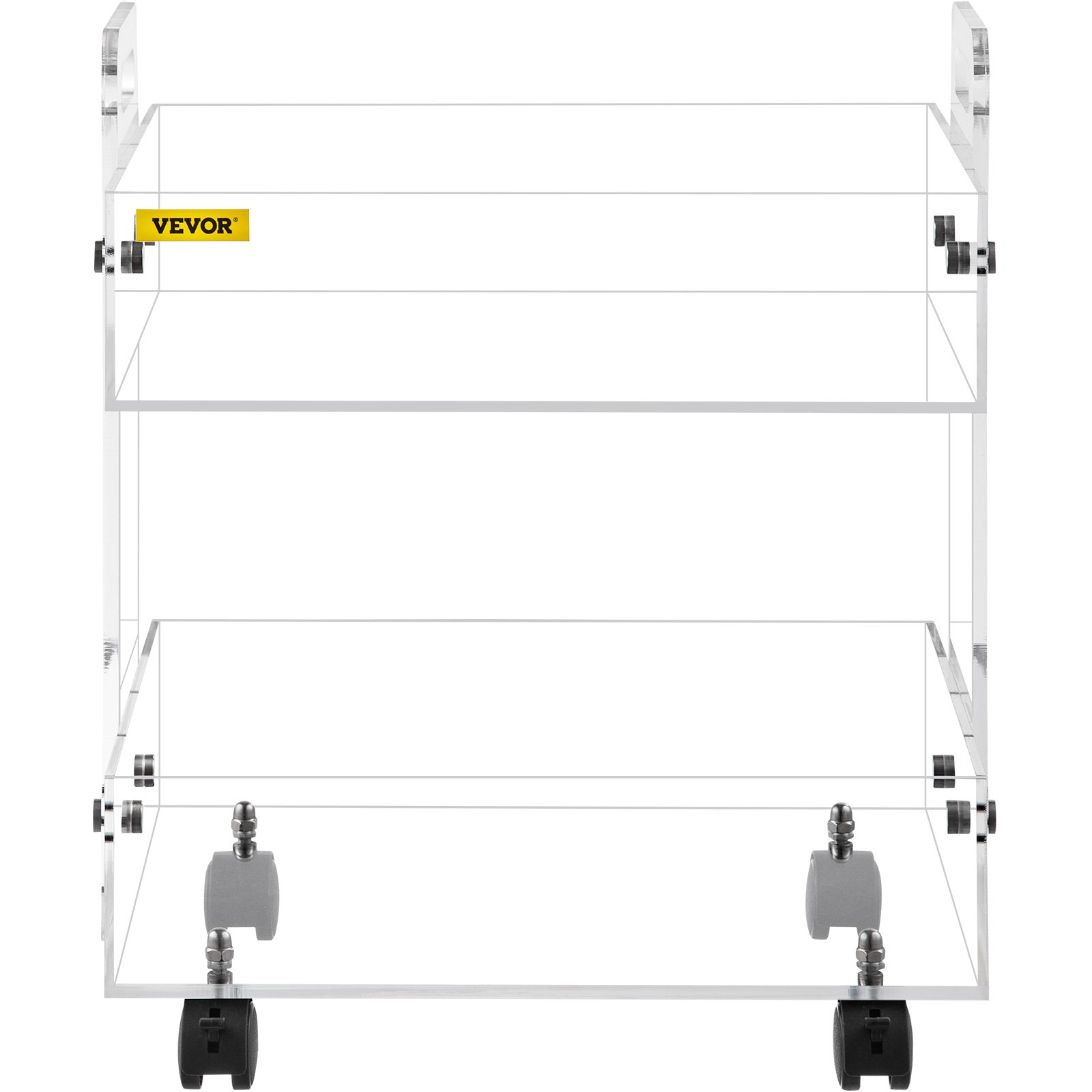 clear VEVOR acrylic cart with three shelves and black caster wheels for mobility.