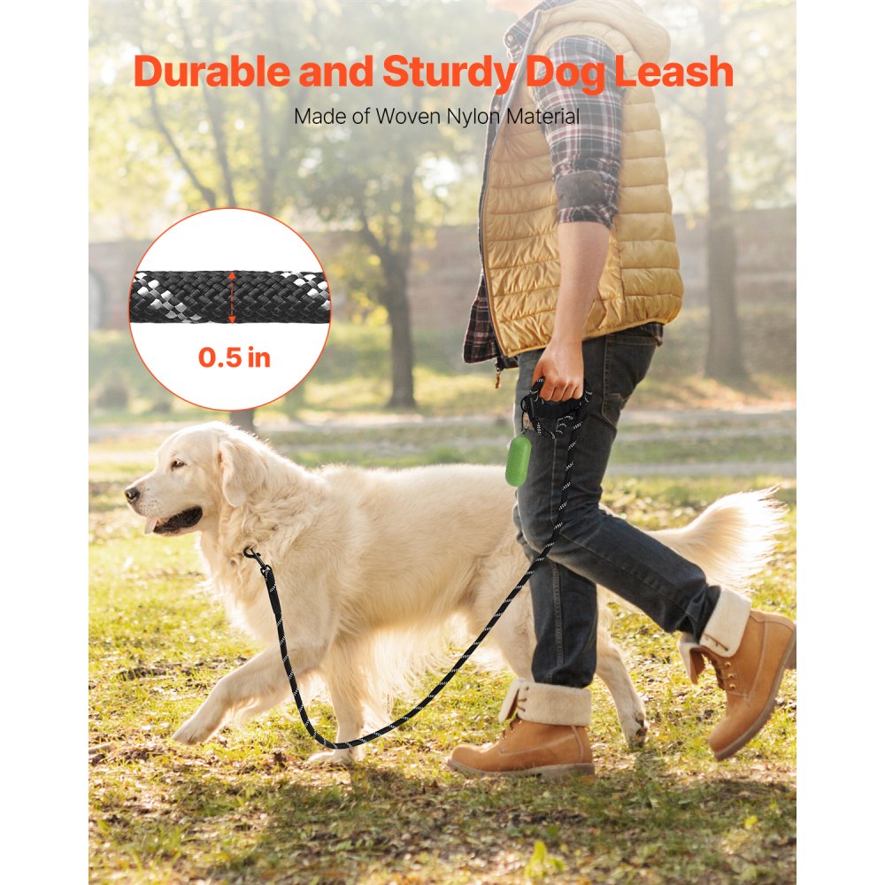 VEVOR Rope Dog Leash, 6ft Heavy Duty Dog Leash with Comfortable Padded Handle, Strong Nylon Thick Leash with Reflective Threads, Dog walking and Training Leash, for Medium Large Dogs (1/2 in, Black)