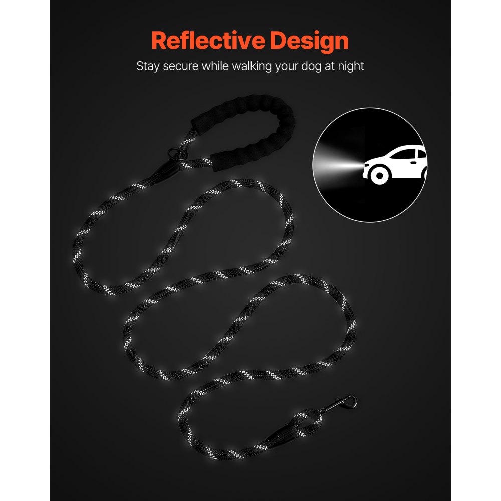 VEVOR Rope Dog Leash, 6ft Heavy Duty Dog Leash with Comfortable Padded Handle, Strong Nylon Thick Leash with Reflective Threads, Dog walking and Training Leash, for Medium Large Dogs (1/2 in, Black)