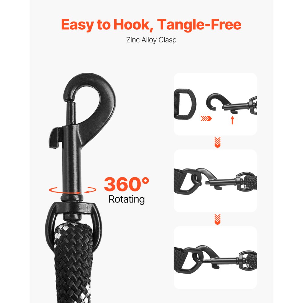 VEVOR Rope Dog Leash, 6ft Heavy Duty Dog Leash with Comfortable Padded Handle, Strong Nylon Thick Leash with Reflective Threads, Dog walking and Training Leash, for Medium Large Dogs (1/2 in, Black)