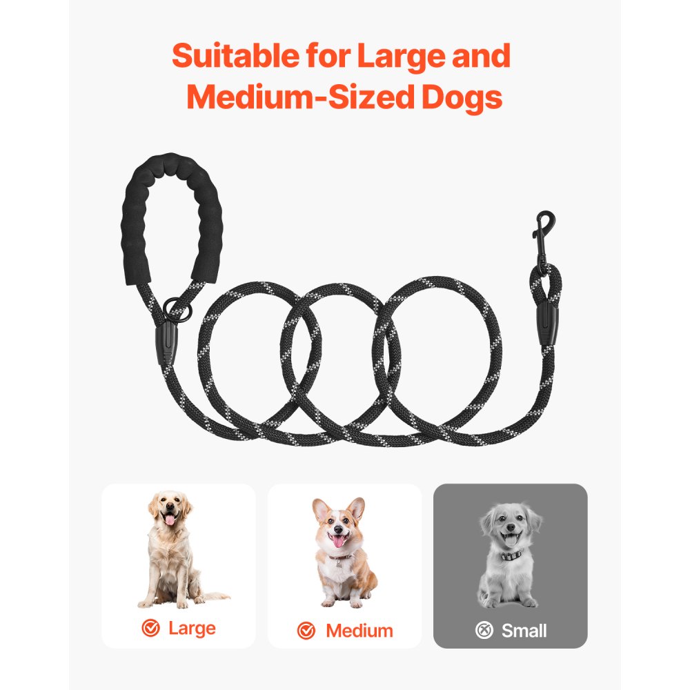 VEVOR Rope Dog Leash, 6ft Heavy Duty Dog Leash with Comfortable Padded Handle, Strong Nylon Thick Leash with Reflective Threads, Dog walking and Training Leash, for Medium Large Dogs (1/2 in, Black)