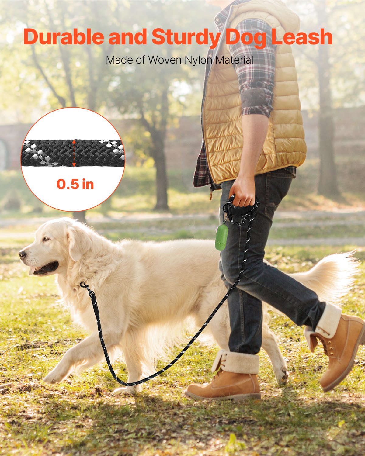 VEVOR Rope Dog Leash, 6ft Heavy Duty Dog Leash with Comfortable Padded Handle, Strong Nylon Thick Leash with Reflective Threads, Dog walking and Training Leash, for Medium Large Dogs (1/2 in, Black)