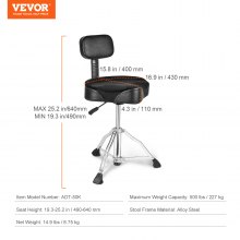 VEVOR Tabouret de batterie avec dossier, hauteur réglable de 19,3 à 25,2 pouces/490 à 640 mm, selle hydraulique rembourrée avec pieds antidérapants, baguettes de batterie, capacité maximale de 500 lb/227 kg, pivotant à 360 ° pour batteurs