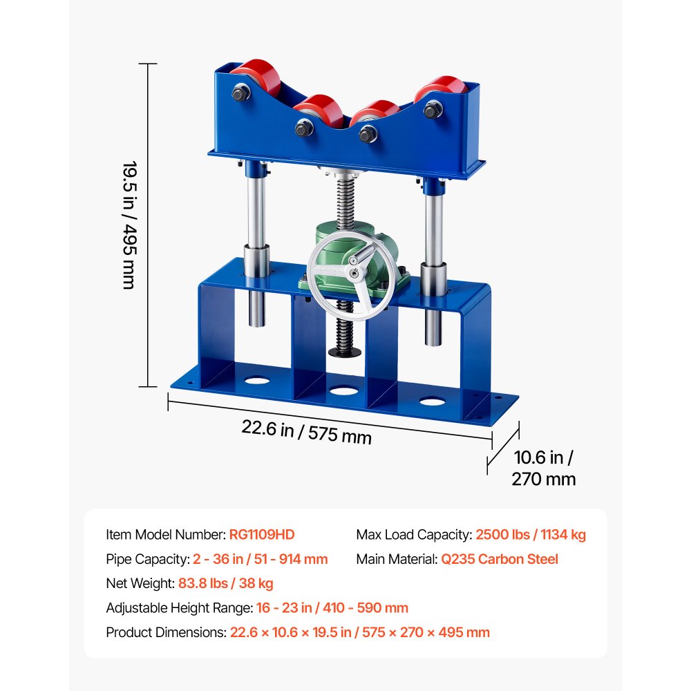 VEVOR Rotary Welding Positioner Roller, 2500LBS Heavy-Duty Pipe Stand, Fits 2"-36" Pipes, 16"-23" Adjustable Height, 4 PU Rollers, Worm Gear Lifting for Large Pipe Welding, Processing & Rotation