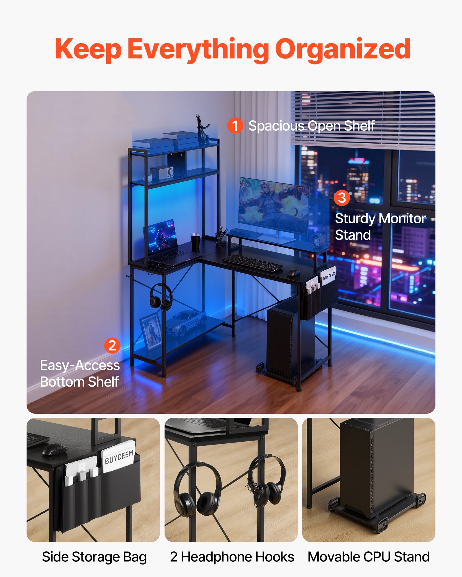 VEVOR L-Shaped Gaming Desk with LED Lights, 1.2m Reversible Corner Computer Desk with Monitor Stand, Power Outlets, Movable CPU Stand & Shelf, Modern Stylish PC Gaming Table for Home Office