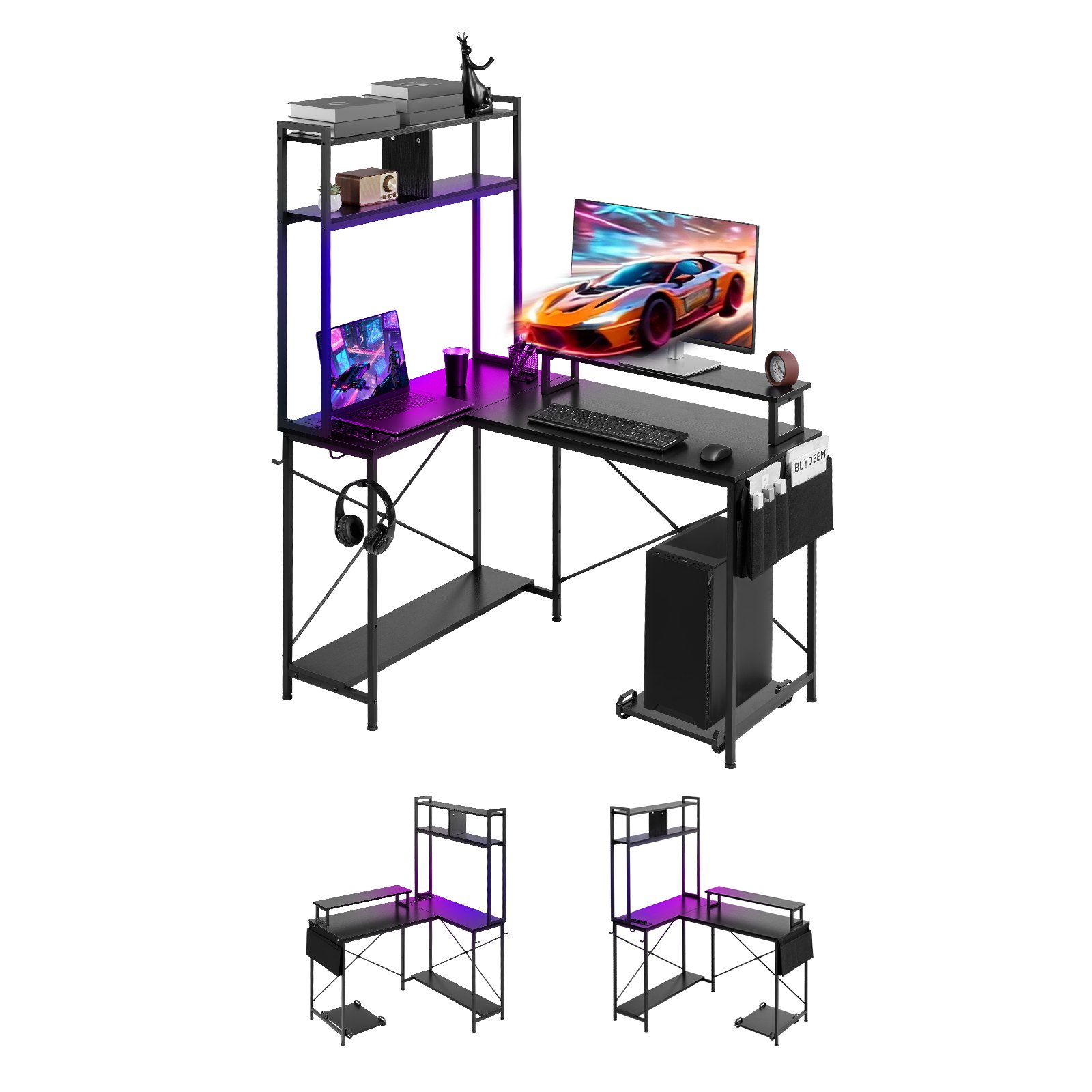 VEVOR L-Shaped Gaming Desk with LED Lights, 1.2m Reversible Corner Computer Desk with Monitor Stand, Power Outlets, Movable CPU Stand & Shelf, Modern Stylish PC Gaming Table for Home Office