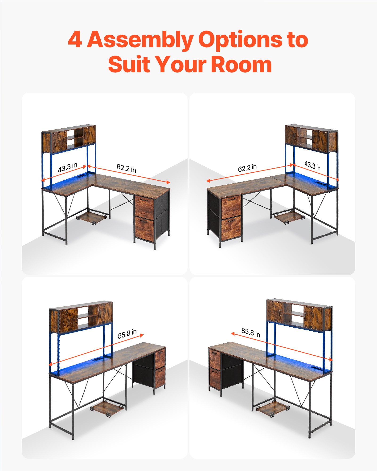 VEVOR L-Shaped Gaming Desk with LED Lights, 1.58m Reversible Corner Computer Desk with Power Outlets, Movable CPU Stand & Storage Drawers, Modern Stylish PC Gaming Table for Home Office