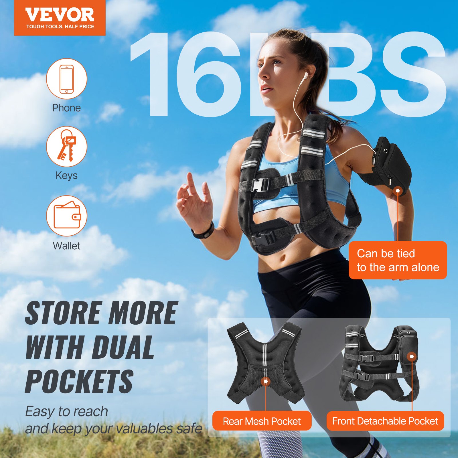 VEVOR Weighted Vest, 16 lbs Weight Vest with Reflective Stripe, Adjustable Buckle Body Weight Vest for Men Women, Workout Equipment for Strength Training, Running, Jogging, Fitness, and Weight Loss