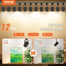 VEVOR LED Track Lighting Heads, 6.5W 3000K 470lm Warm White, Dimmable H Type Track Light Head, CRI85+ True Color Rendering Adjustable Tilt Angle Track Lighting Fixture for Accent Retail, 12 Pack Black