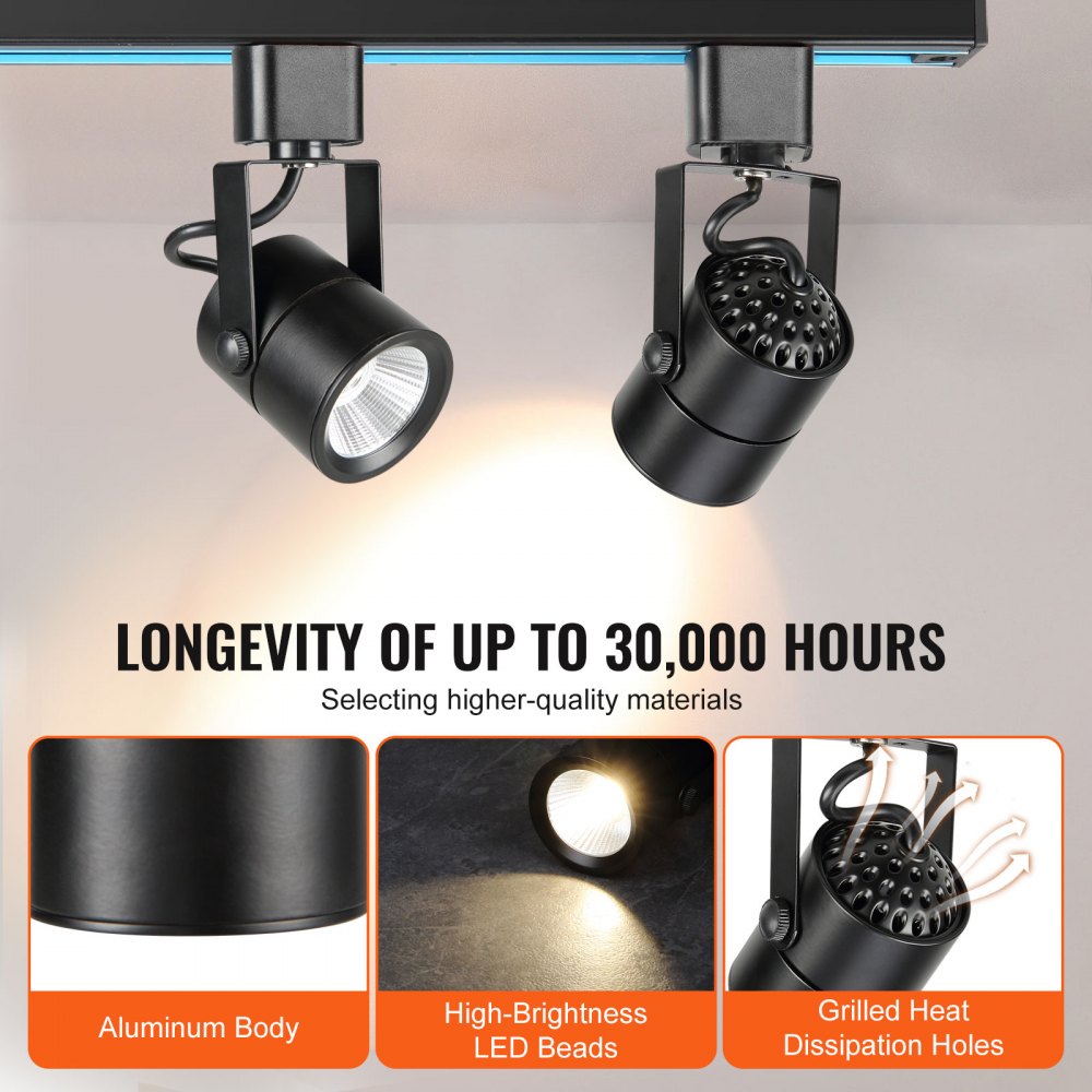 VEVOR LED Track Lighting Heads, 6.5W 3000K 470lm Warm White, Dimmable H Type Track Light Head, CRI85+ True Color Rendering Adjustable Tilt Angle Track Lighting Fixture for Accent Retail, 6 Pack, Black