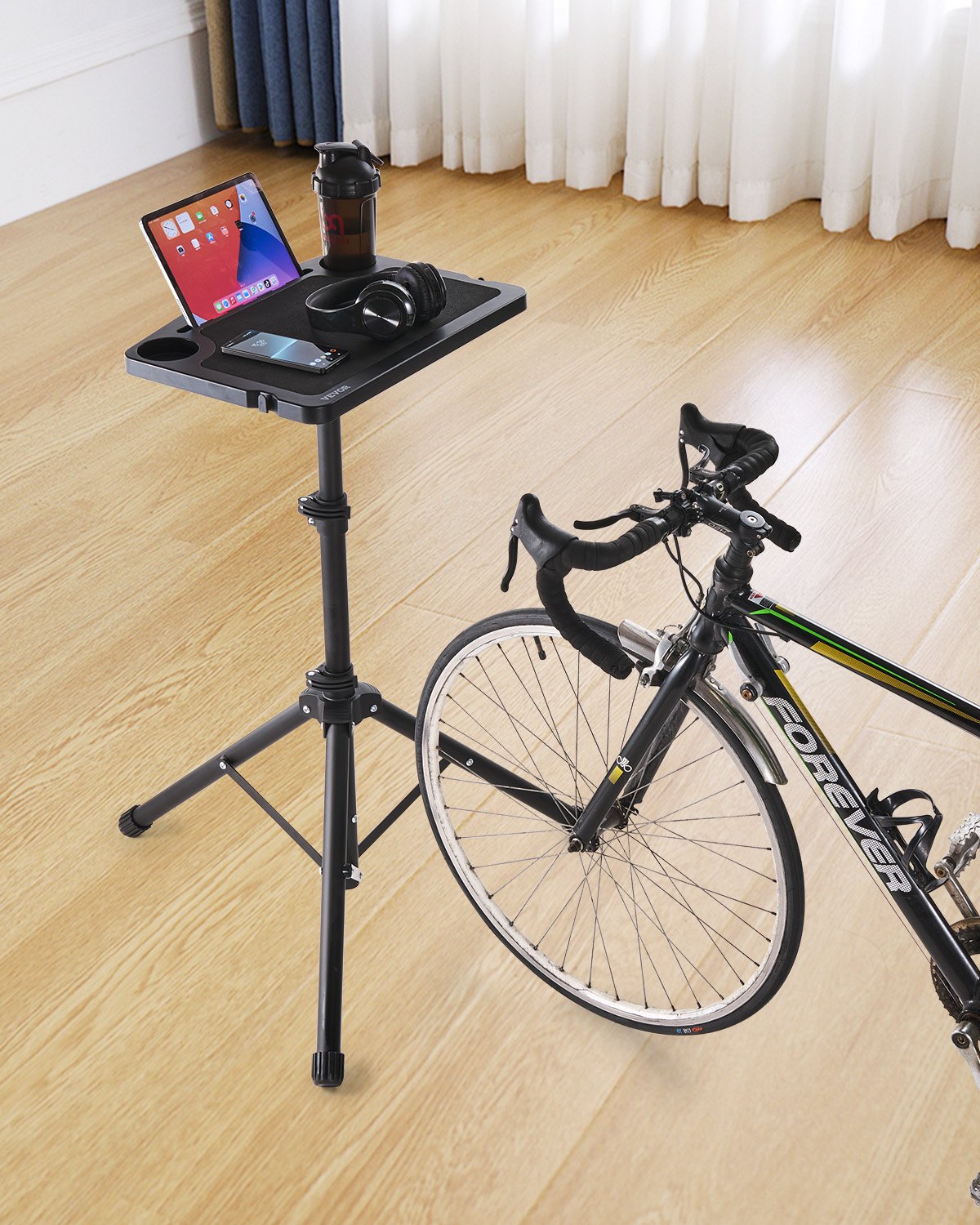 VEVOR Cycling Desk, Stationary Foldable Adjustable Bike Trainer & Treadmill Desk with Triangle Support, Non-Slip Multi-Slot Bike Trainer Fitness Desk with Handle Bar, Fit for Home Office Exercise