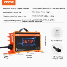 VEVOR 36 Volt Golf Cart Battery Charger, 18 AMP, Smart Battery Charger with D-Style Plug, Compatible with Lead-Acid AGM/GEL/EFB MF NMC LiFePO4 Batteries for EZGO TXT, IP67 Waterproof ETL Certified