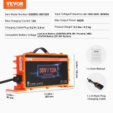 VEVOR 36 Volt Golf Cart Battery Charger, 12 AMP, Smart Battery Charger with D-Style Plug, Compatible with Lead-Acid AGM/GEL/EFB MF NMC LiFePO4 Batteries for EZGO TXT, IP67 Waterproof ETL Certified